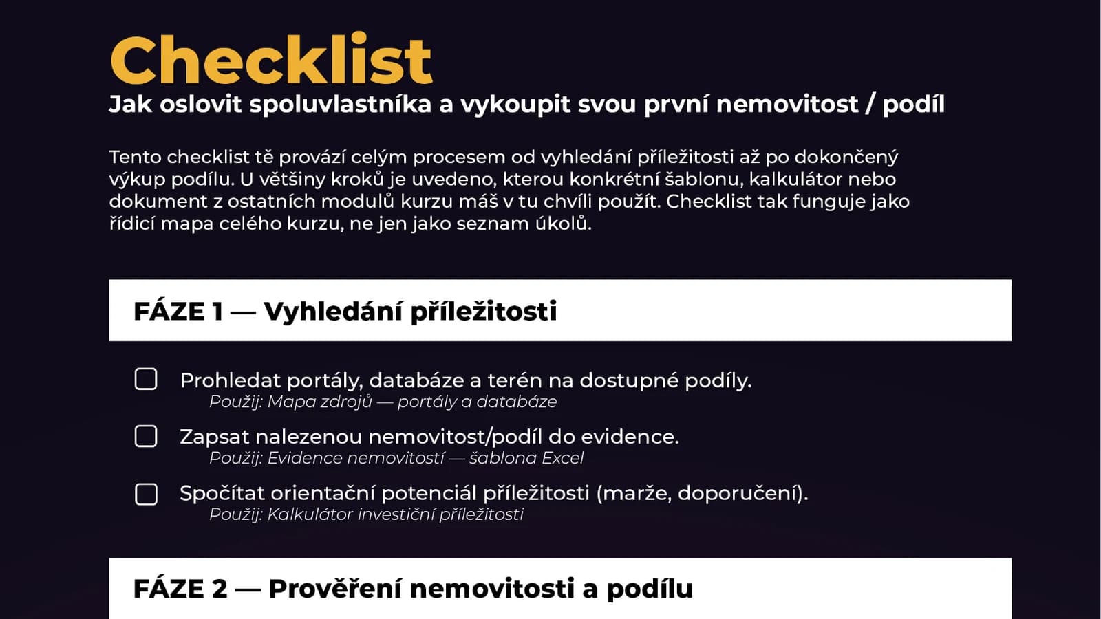 Ukázka checklistu z kurzu: jak oslovit spoluvlastníka a vykoupit první nemovitost